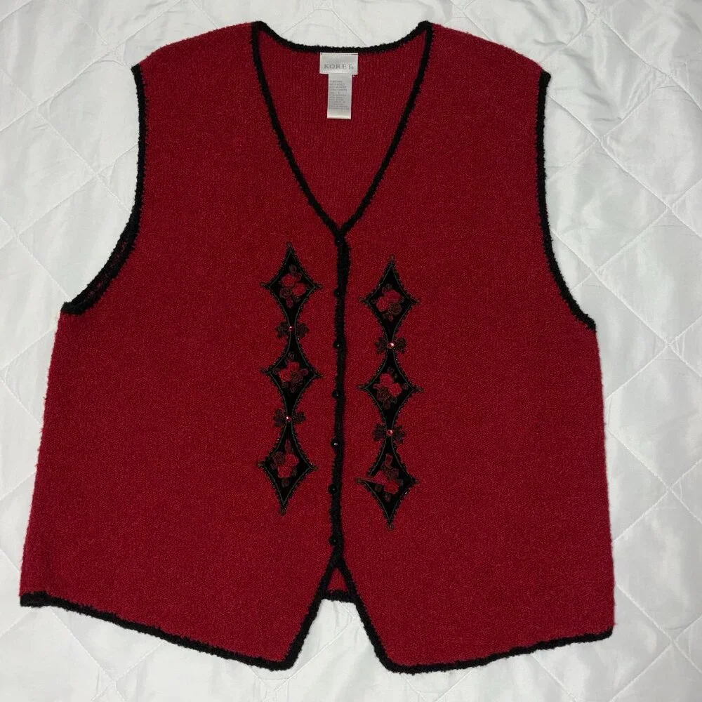 Koret Red Wool Vest L Beaded Rose Applique Holiday Christmas Party Festive VTG‎
